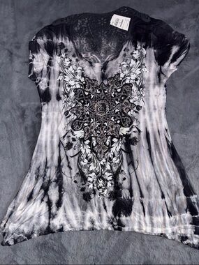 Vocal Black & White Tie-Dye Scoop Neck Tee with Rhinestones